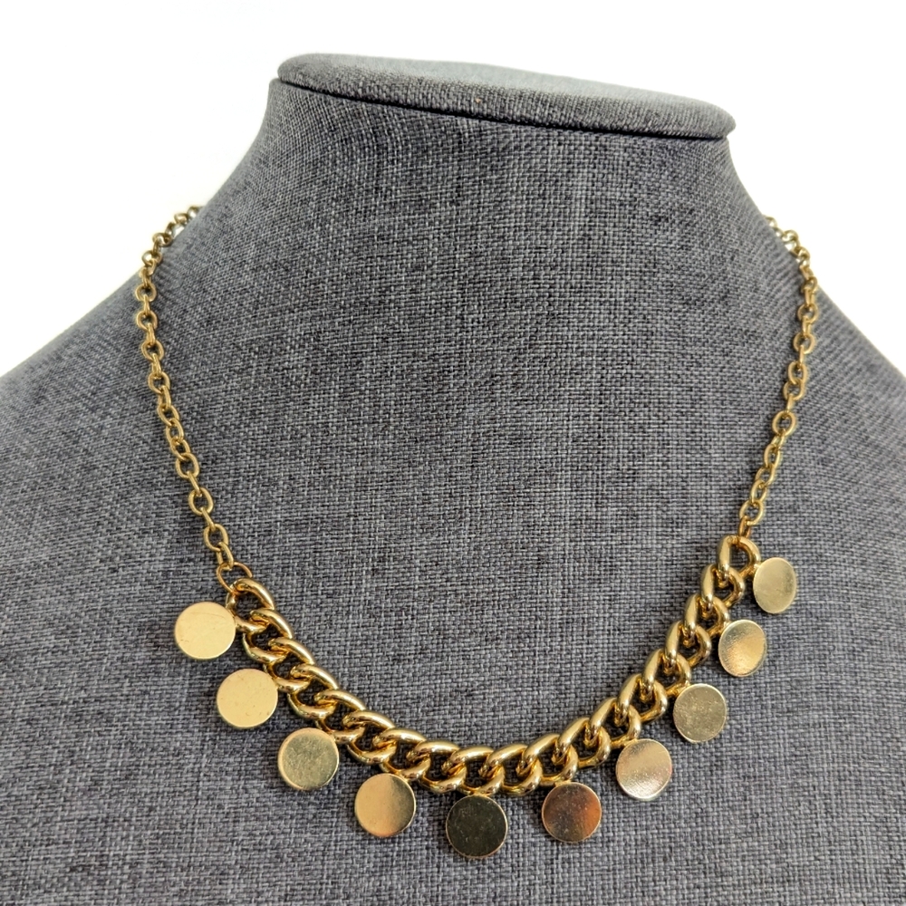 JS Signed Trendy Gold Tone Disc Coin Chain Dangle Chacha Necklace